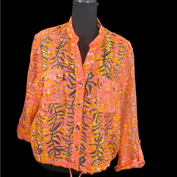 Hearts of PalmVibrant  Sheer Orange and Pink Button up Blouse | Size M - Picture 1 of 5